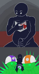 3boys alien alien_humanoid angry biscuits_(homestuck) black_skin clock clothing eggs_(homestuck) green_skin grey_background hat hearts_boxcars homestuck humanoid magazine male/male masturbation midnight_crew ms_paint_adventures naked penis the_felt