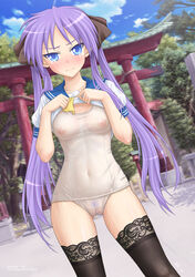 blush breasts clitoris female female_only ffyak highres human kagami_hiiragi long_hair looking_at_viewer lucky_star nipples outdoors pubic_hair purple_hair pussy school_uniform see-through shirt_lift solo swimsuit tear thighhighs tied_hair twintails uncensored