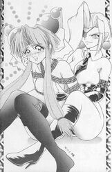 1990s 1996 20th_century 2girls android artist_request between_breasts blush bondage breast_grab breasts cherry_(saber_j) curvaceous detached_collar duo earrings eyepatch female female_only greyscale hair_bow high_heel_boots high_heels large_breasts long_hair looking_at_viewer monochrome multiple_girls necktie necktie_between_breasts nipples panther_(saber_j) restrained rope saber_marionette_j sitting tears thick_thighs thighhighs villainess wide_hips yuri