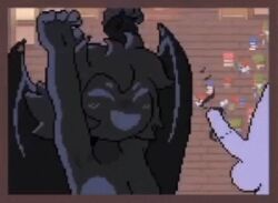 1boy 1girls alternate_form animated animated_gif black_hair blush breasts breasts_out cum cumshot dark_magic dark_skin demon evil_grin evil_smile game_cg gif handsfree_ejaculation hiding horns masturbating_other mischievous_smile penis pixel_animation pixel_art powers princess_and_conquest shadow_creature shadow_princess_(princess_and_conquest) short_hair succubus technically_nude wings
