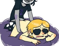 2boys anal ass black_hair blonde_hair blush clothing dave_strider gamzee_makara gay grey_skin gripping_sheets homestuck lemonteaflower ms_paint_adventures naked open_mouth rape sharp_teeth short_hair sunglasses tongue_out troll white_background white_skin