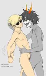 2boys black_hair blk-kitti blonde_hair bondage dave_strider facepaint gamzee_makara gay grey_background grey_skin hair_grab hands_behind_back hands_tied homestuck horns ms_paint_adventures naked nipples pointy_ears sharp_teeth short_hair smile sunglasses troll yellow_eyes