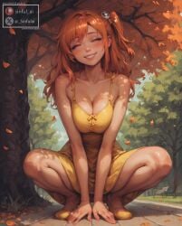 ai_generated aisinful big_breasts breasts brown_hair cleavage cute hi_res kousaka_honoka large_breasts love_live! side_ponytail squatting sundress thick_thighs thighs wide_hips