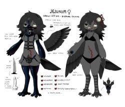 beak bird bird_girl bird_legs black_bra black_collar black_gloves black_mask black_thighhighs blind bra bug chest_harness claws collar colored_sclera crow dildo elbow_gloves english_text eyeball eyeball_hair_ornament female fly furry furry_female gloves grey_feathers grey_hair grey_wings harness heterochromia highres jejejunum jejenum_(jejejunum) knife latex latex_gloves latex_mask latex_thighhighs mask medium_hair mouth_mask original reference_sheet scar scar_on_stomach sex_toy simple_background solo spiked_collar spikes thighhighs underwear white_background wings yellow_sclera