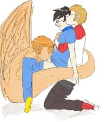 3boys anal black_hair blonde_hair clothing dave_strider davesprite glasses homestuck john_egbert male ms_paint_adventures oral orange_hair orange_skin pants_down penis short_hair sprite sunglasses tail white_background white_skin wings yaoi