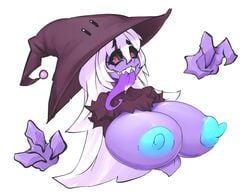 black_sclera blue_nipples breasts_out ein457 female floating hat haunter humanized large_breasts long_hair long_tongue pink_eyes pokemon pokemon_rgby purple_skin sharp_fingernails sharp_teeth solo tagme tongue_out white_hair witch_hat