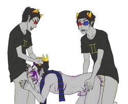 3boys anal black_hair black_nails blood blue_eyes clothing ear_piercing eridan_ampora eye_penetration fins gay gills glasses grey_skin homestuck horns lip_piercing male_focus male_only ms_paint_adventures naked open_mouth penis piercing pointy_ears purple_highlights red_eyes rings sao_(artist) scratches sharp_teeth short_hair sollux_captor troll white_background