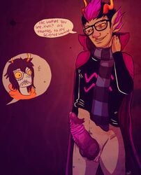 1boy 1girls black_hair blue_lips blush cape clothing dialogue eridan_ampora fangs fins glasses grey_skin homestuck horns huge_cock male_focus ms_paint_adventures no_pants penis purple_highlights scarf sharp_teeth short_hair smile speech_bubble straight text troll vriska_serket