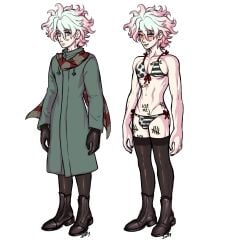 1boy bikini blush body_writing bulge danganronpa danganronpa_2:_goodbye_despair english_text femboy male male_only nagito_komaeda polka_dot ren_valentine solo straight_hair stripes text thighhighs