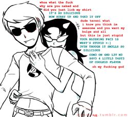 1boy 1girls annoyed black_hair blush clothing dave_strider dialogue evy glasses homestuck horns long_hair monochrome ms_paint_adventures naked short_hair straight sunglasses teasing terezi_pyrope text troll white_background white_hair white_skin