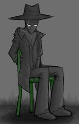 1boy alien alien_humanoid arms_tied black_skin chair clothing fully_clothed grey_background hat homestuck humanoid jacket midnight_crew ms_paint_adventures penis rope scar solo spades_slick white_eyes