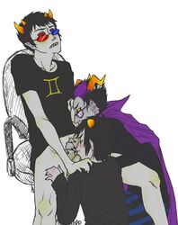 3boys balls biting_lip black_hair blush cape chair clothing diphallia diphallism eridan_ampora fellatio fins glasses grey_skin homestuck horns karkat_vantas male male_only ms_paint_adventures multi_penis oral penis pointy_ears purple_highlights sao_(artist) sharp_teeth short_hair sollux_captor threesome troll white_background