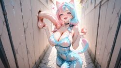 1futa ai_art ai_generated animal_ears blue_dress blue_hair cat_ears cat_girl cat_tail catgirl dickgirl futanari glory_hole intersex koneko konekofuta large_breasts large_penis pink_hair two_tone_hair two_tone_hair_(blueandpink)