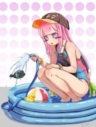 1girls anemone beach_ball clothed clothed_female clothes clothing female fish garden_hose gradient_hair harmony's_clownfish_(splatoon) harmony_(splatoon) hat hose inflatable_pool multicolored_eyes nintendo pool rubber_duck splatoon splatoon_(series) splatoon_3 swimsuit t2ukmyjm the_chirpy_chips twitter_link twitter_username