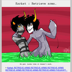 2boys amputee black_hair bondage comic facepaint gag gamzee_makara gay grey_skin homestuck horns imminent_rape karkat_vantas leash ms_paint_adventures naked nipples penis red_background sharp_teeth short_hair slime text troll viddharta yellow_eyes