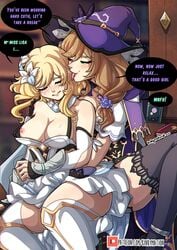 2girls big_breasts blonde_hair blush boots breasts breasts_out brown_hair closed_eyes comic dialogue english_text exposed_breasts female_only femdom femsub genshin_impact good_girl huge_breasts kinkymation lesbian licking licking_ear lisa_(genshin_impact) lumine_(genshin_impact) nipple_slip notes_translation one_breast_out spanish_translation sweat text thigh_boots thighhighs wardrobe_malfunction witch_hat yuri