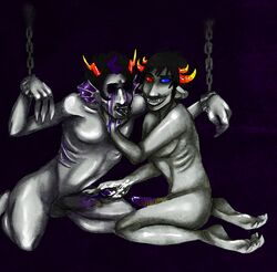 2boys black_background black_hair blood blue_eyes bondage chains choking cum cum_on_hand eridan_ampora fins gay gills grey_skin homestuck horns masturbation ms_paint_adventures naked no_eyes penis pointy_ears purple_highlights red_eyes sharp_teeth short_hair smile sollux_captor tongue_out troll