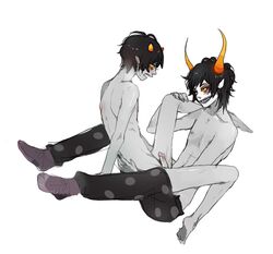 2boys black_hair blush facepaint gamzee_makara gay grey_skin homestuck horns implied_penetration karkat_vantas ms_paint_adventures naked pants_down penis pointy_ears sharp_teeth shirtless short_hair surprised troll white_background yellow_eyes