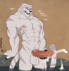 1boy 2019 abs anthro artist_initials artist_name balls ballsack bara beefy big_penis blue_eyes body_fur brown_background erection feline fluff-kevlar furry furry_balls grey_stripes humanoid_penis male male_only masculine masturbation mature_male muscles muscular_male nude_male pecs penis scrotum solo tail testicles veiny_penis white_fur