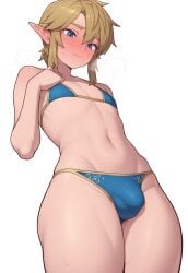 1boy 1femboy 2025 ai_generated ass balls big_ass bikini bikini_bottom bikini_top blonde_hair blue_bikini blue_bikini_bottom blue_bikini_top blue_eyes blush bulge crossdressing dispatcher2 embarrassed femboy feminine_male link male pointy_ears simple_background steamy_breath sweat sweatdrop testicles the_legend_of_zelda thick_thighs thighs twink white_background