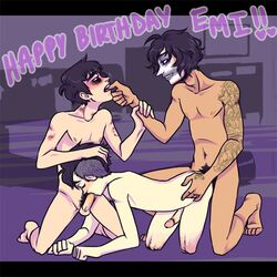 3boys anal bite_mark black_hair closed_eyes facepaint fellatio gamzee_makara gay homestuck humanstuck karkat_vantas ms_paint_adventures naked oral penis pubic_hair purple_eyes rasuzu red_eyes short_hair tan tattoo tavros_nitram text threesome white_skin