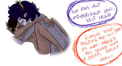 2boys anal black_hair closed_eyes dialogue fuzz gamzee_makara gay grey_skin homestuck horns karkat_vantas ms_paint_adventures naked pointy_ears purple_hair short_hair smile speech_bubble text troll white_background