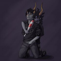 2boys black_background black_hair blood closed_eyes clothing club facepaint fangs gamzee_makara gay grey_skin hand_in_pants homestuck horns imminent_rape karkat_vantas ms_paint_adventures one_eye_closed pointy_ears scratch short_hair troll yellow_eyes