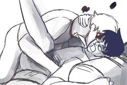 2boys bed blue_hair closed_eyes dave_strider glasses homestuck implied_sex john_egbert kissing male monochrome ms_paint_adventures open_mouth sheepy short_hair sunglasses white_background white_hair white_skin yaoi