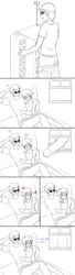 3boys ass bed blush bro_strider buckteeth building clothing comic dave_strider dialogue gay giant glasses hat homestuck john_egbert macro male male_only monochrome ms_paint_adventures pants_down penis short_hair sunglasses text white_background white_hair white_skin