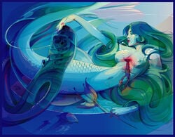 1girls bishoujo_senshi_sailor_moon female green_hair jellyfish limkis lobster long_hair medium_breasts mermaid michiru_kaiou octopus sea_creature tagme topless water