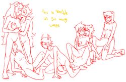 6+girls 8girls aradia_megido breasts closed_eyes cunnilingus evy feferi_peixes fingering fins glasses headband homestuck horns jade_harley kanaya_maryam kissing lesbian long_hair ms_paint_adventures multiple_girls naked nepeta_leijon nipples orgy pointy_ears pussy rose_lalonde short_hair strap-on terezi_pyrope text tribadism troll vriska_serket white_background white_hair yuri