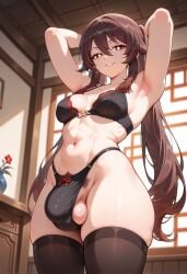 1futa ai_generated armpits arms_behind_head bra futa_only futanari genshin_impact hairy hairy_balls hoyoverse hu_tao_(genshin_impact) limp limp_penis long_hair looking_at_viewer mihoyo petite pubic_hair small_breasts smirk thighhighs thighs thong unerect