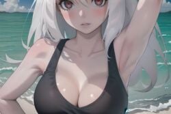 1girls ai_generated armpits arms_up beach big_breasts breasts cerberus_(helltaker) cleavage close-up clothing demon demon_girl dog_ears dog_girl female female_only helltaker long_hair outdoors red_eyes solo standing tank_top white_hair