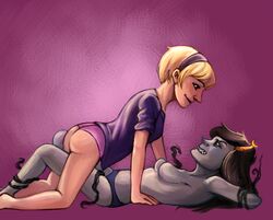 2girls ass black_hair black_lips black_lipstick blonde_hair breasts female grey_skin hairband homestuck horns lesbian long_hair missing_arm ms_paint_adventures multiple_girls naked no_nipples panties pink_background rose_lalonde sharp_teeth shirt short_hair strap-on troll vriska_serket white_skin yellow_eyes yuri