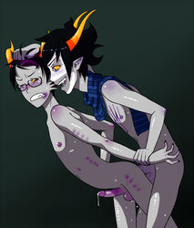 2boys anal black_hair black_nails blood eridan_ampora facepaint fins gamzee_makara gay glasses grey_background grey_skin hair_grab homestuck horns ms_paint_adventures nipples one_eye_closed open_mouth penis pointy_ears precum purple_eyes purple_highlights purple_nipples rape scarf scratches sharp_teeth short_hair troll yaoi