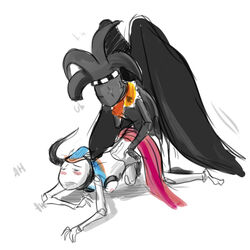 1boy 1girls amputee black_skin breasts carapace clothing crown derp hat homestuck jack_noir ms_paint_adventures nipples penetration peregrine_mendicant straight tentacle tongue_out white_background white_skin wings