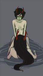 2girls black_hair breasts closed_eyes cunnilingus green_lipstick grey_background grey_skin homestuck horns kanaya_maryam lesbian mrdoorman ms_paint_adventures multiple_girls naked nipples short_hair troll vriska_serket yuri