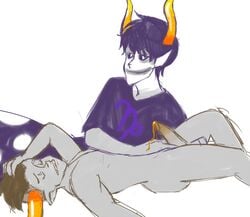 2boys brown_hair closed_eyes clothing facepaint gamzee_makara gay grey_skin handjob homestuck horns ms_paint_adventures naked penis pointy_ears precum purple_hair sharp_teeth sheepy short_hair smile tavros_nitram troll white_background