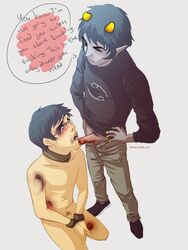 2boys black_hair blue_eyes bondage bound bruise cliscia crying dialogue domination gay grey_skin homestuck horns interspecies john_egbert karkat_vantas kneeling male_only ms_paint_adventures naked partially_clothed pointy_ears short_hair speech_bubble text troll white_skin yellow_eyes