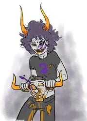 2boys black_hair blood death decapitation gamzee_makara gore grey_skin guro holding homestuck horns insertion male male_death male_only ms_paint_adventures multiple_males necrophilia penis reverse_blowjob severed_head short_hair tavros_nitram troll yaoi