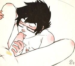 (;) 2boys black_hair closed_eyes dave_strider glasses holding_penis homestuck john_egbert licking_penis male monochrome ms_paint_adventures penis pubic_hair short_hair tongue_out white_background white_skin yaoi