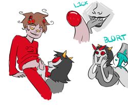 1boy 1girls ass black_hair black_lips brown_hair bucket cherry clothing comic glasses grey_skin homestuck horns karkat_vantas licking_penis ms_paint_adventures penis red_eyes sharp_teeth short_hair straight terezi_pyrope text tongue_out trickster_mode troll white_background yellow_eyes