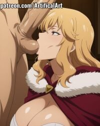 1boy 1girls ai_generated artifical_art balls balls_in_mouth big_breasts blonde_hair blush brown_eyes cloak fur-trimmed_cape gina_(solo_leveling) light-skinned_female light_skin long_hair mature_female milf penis perfect_body red_cape sex solo_leveling sucking sucking_balls voluptuous voluptuous_female