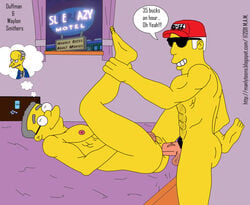 2boys anal anal_penetration anal_sex cartoony closed_eyes color duffman erect_nipples fantasizing gay hairy_balls hairy_chest human indoors large_penis leg_lift legs_held_open lying_on_back male male_only manlytoons montgomery_burns motel_room multiple_males muscles naked nude on_bed penis pleasure_face prostitution sex side_view spread_legs sunglasses tagme the_simpsons tinted_eyewear viagra waylon_smithers yaoi