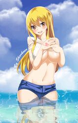 1girls animated big_breasts blonde_hair blonde_hair_female blush breasts brown_eyes cleavage curvy fairy_tail fairy_tail_mark female female_only hand_tattoo heart_earrings hips holding_breast hourglass_figure jean_shorts legs lucy_heartfilia navel pink_tattoo reflection smile solo tattoo tattoo_on_hand tattooed_hand tits underboob water wet wet_clothes