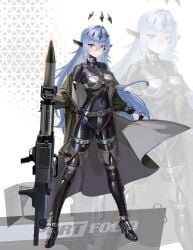 absurdres alcientia arm_strap black_bodysuit blue_hair bodysuit boots breasts chains chastity_belt chastity_bra coat collar collarbone commentary_request female grey_eyes high_heel_boots high_heels highres holding holding_rocket_launcher holding_weapon latex latex_bodysuit looking_at_viewer mecha_musume medium_breasts original personification rocket_launcher sgt_daniel skin_tight skindentation solo spread_legs standing thigh_boots thigh_strap weapon zoom_layer