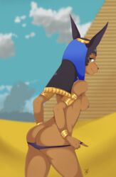 absurd_res anbs-02 anthro ass blue_eyes canid canine clothing egyptian_clothing female hi_res hound_wolf looking_back mammal nipples panties pyramid snout solo underwear undressing zenonzard