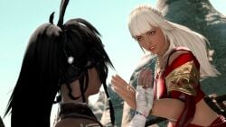 blonde_female blonde_hair blue_eyes dark-skinned_female dark_skin ffxiv final_fantasy_xiv highlander lunnie lyse_hext midlander tanned tanned_female yeji_o