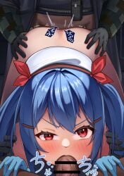 2boys blue_gloves blue_hair blush colphne colphne_(girls'_frontline_2) doggy_style fellatio female girls'_frontline girls'_frontline_2:_exilium gloves grabbing_another's_hair hair_ornament hairclip half-closed_eye hands_on_another's_hips hat highres multiple_boys oral penis red_eyes risky_(risky1249) sex solo_focus spitroast straight