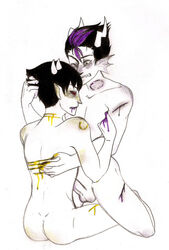 2boys bite_mark black_hair blood eridan_ampora fins gay grabbing_hair homestuck horns ms_paint_adventures naked penis pointy_ears purple_highlights red_eyes scratches sharp_teeth short_hair sollux_captor troll white_background white_skin